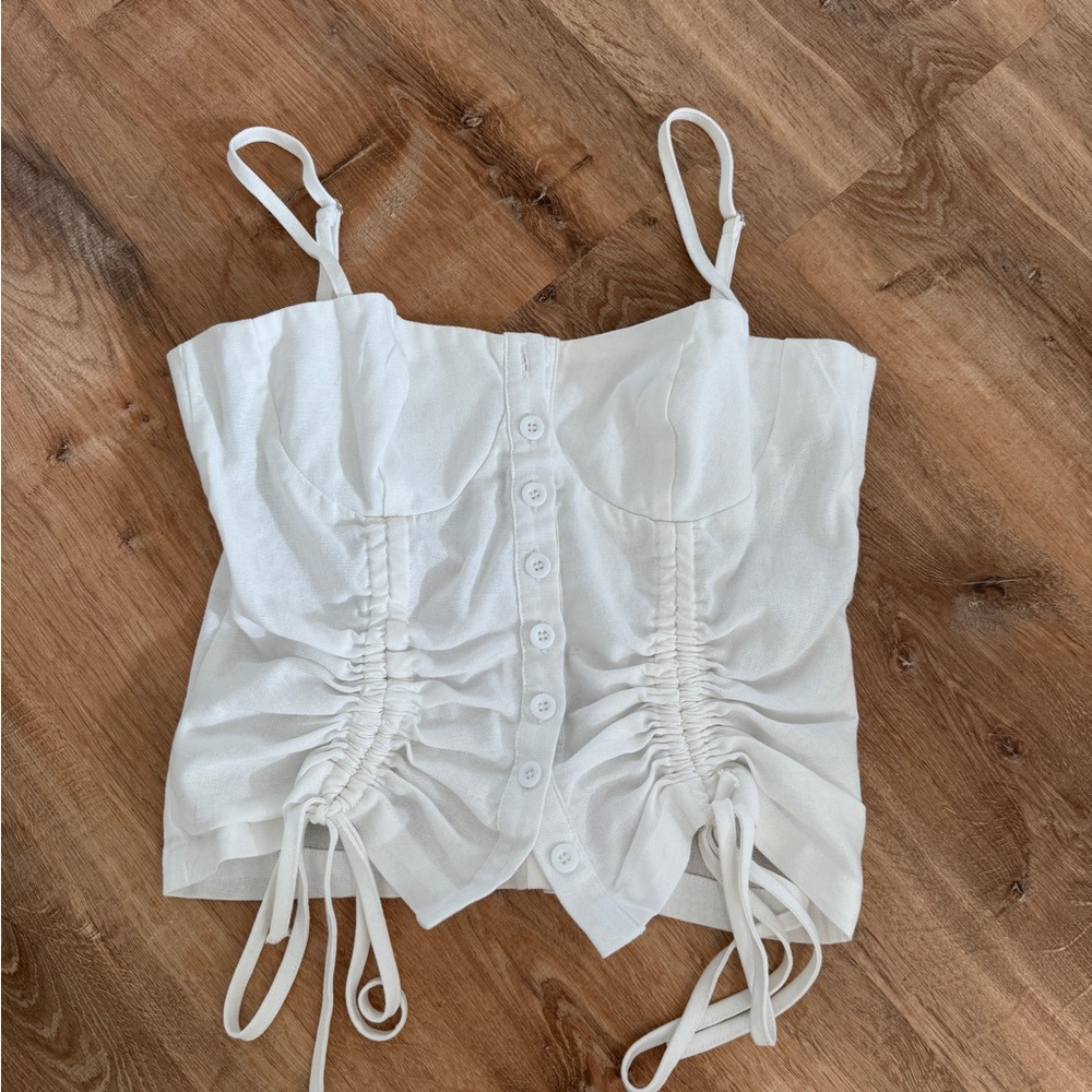 White Ruched Button-Front Spaghetti Strap Top